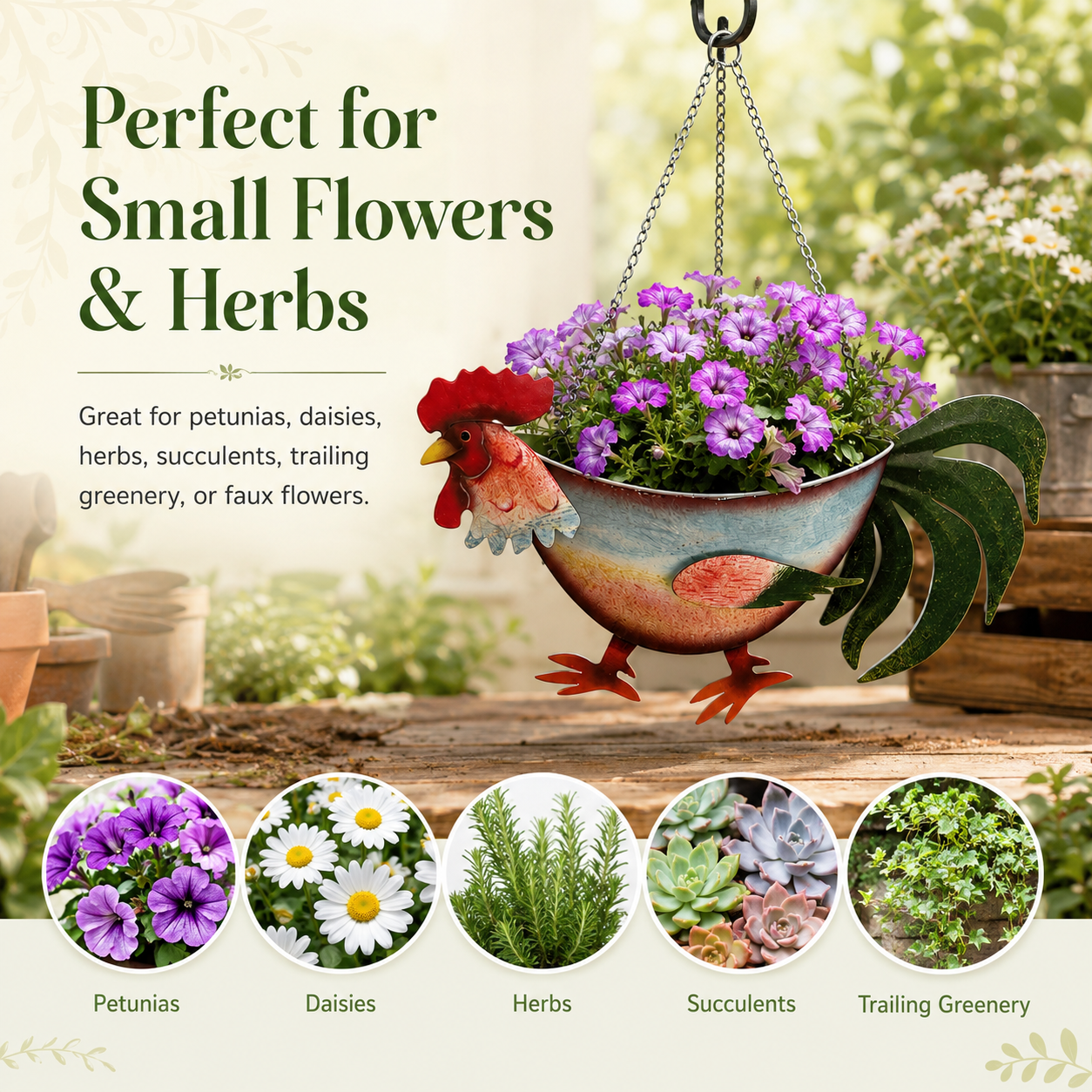 Rustic Rooster Hanging Planter, Farmhouse Chicken Flower Pot