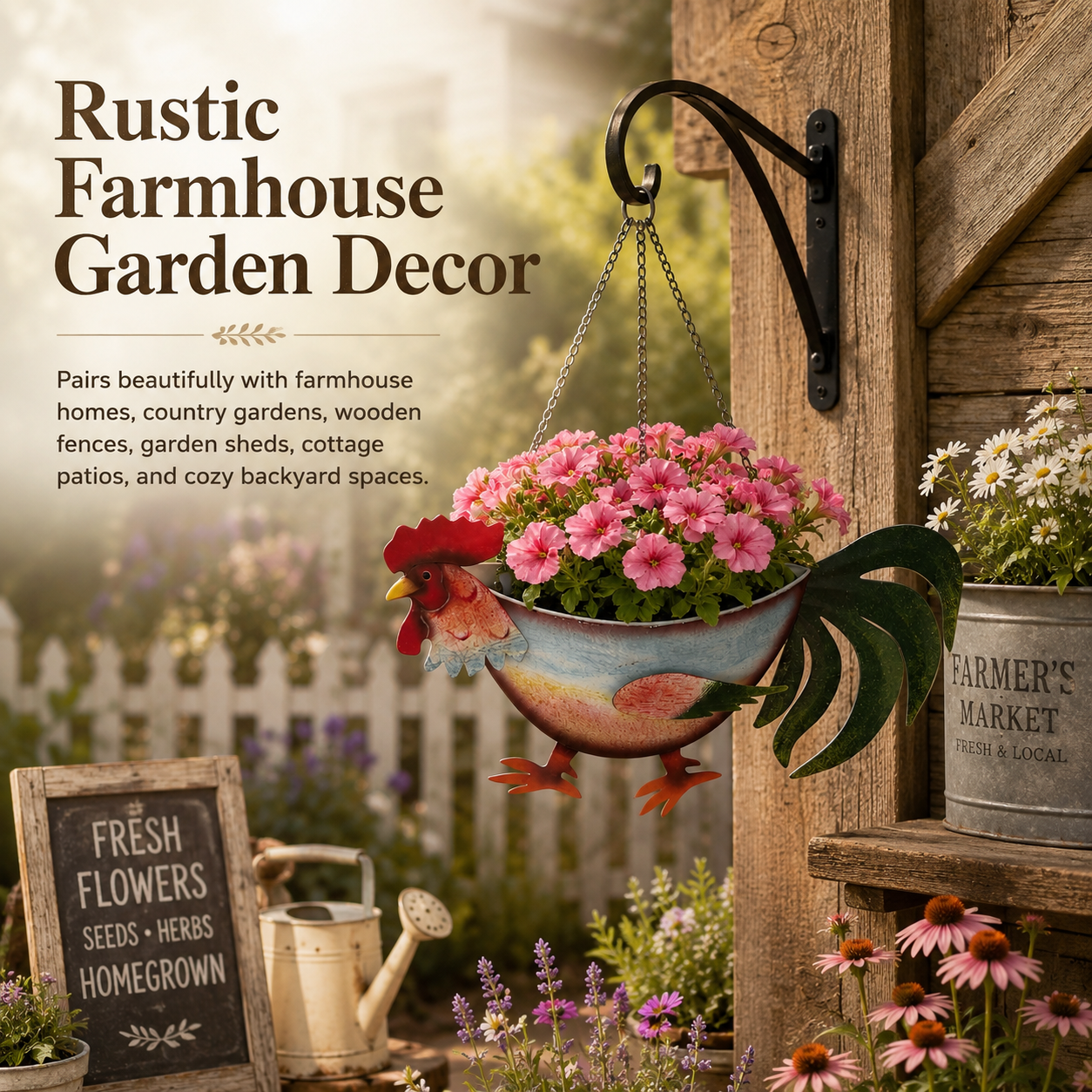 Rustic Rooster Hanging Planter, Farmhouse Chicken Flower Pot