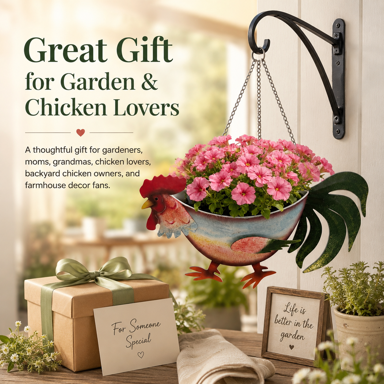 Rustic Rooster Hanging Planter, Farmhouse Chicken Flower Pot