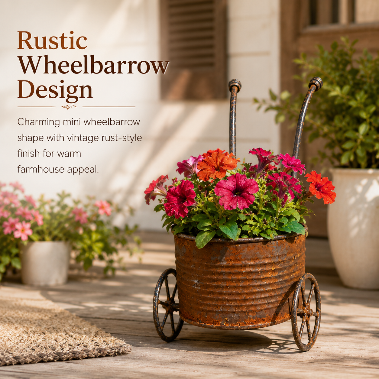 Rustic Metal Wheelbarrow Planter, Vintage Garden Cart Flower Pot