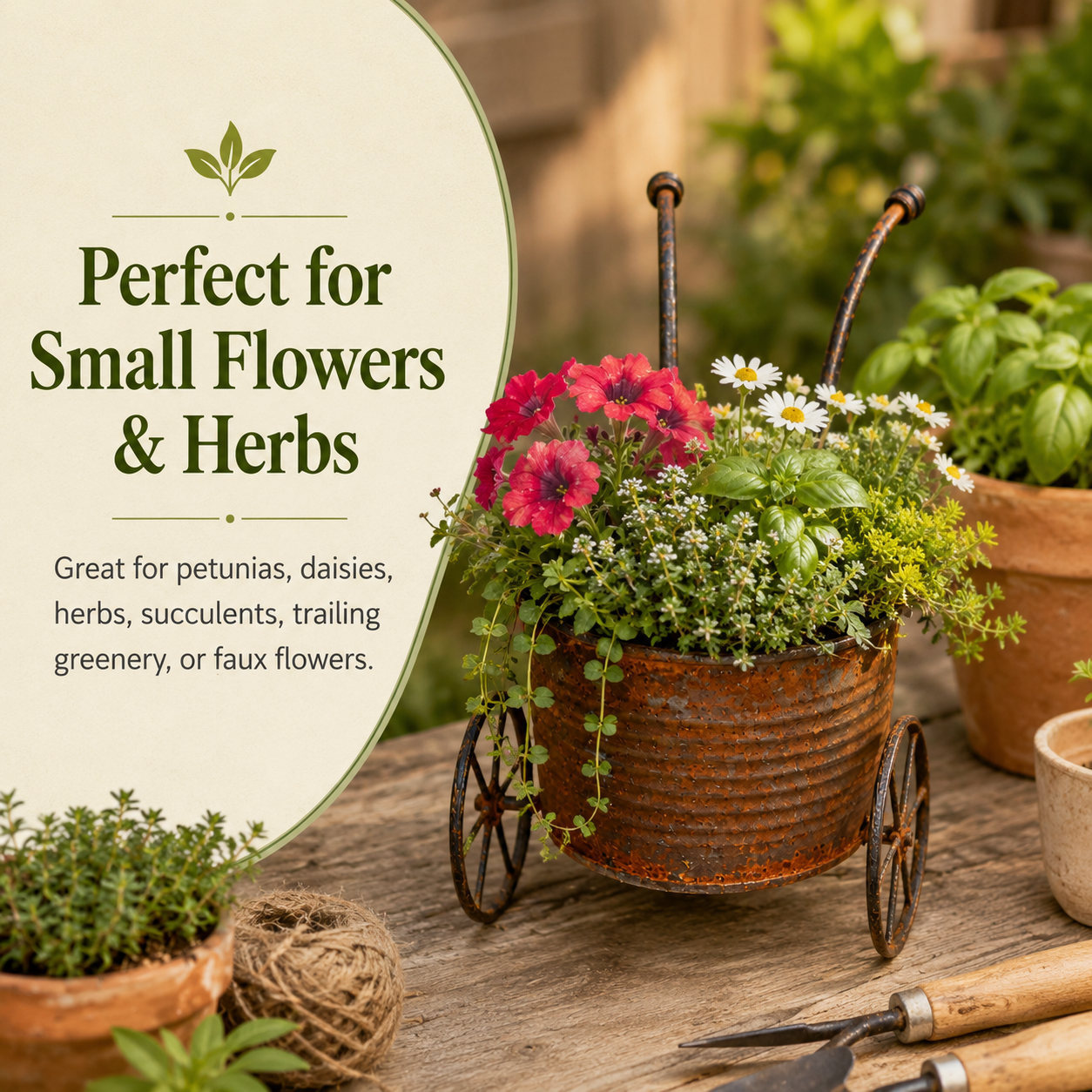 Rustic Metal Wheelbarrow Planter, Vintage Garden Cart Flower Pot
