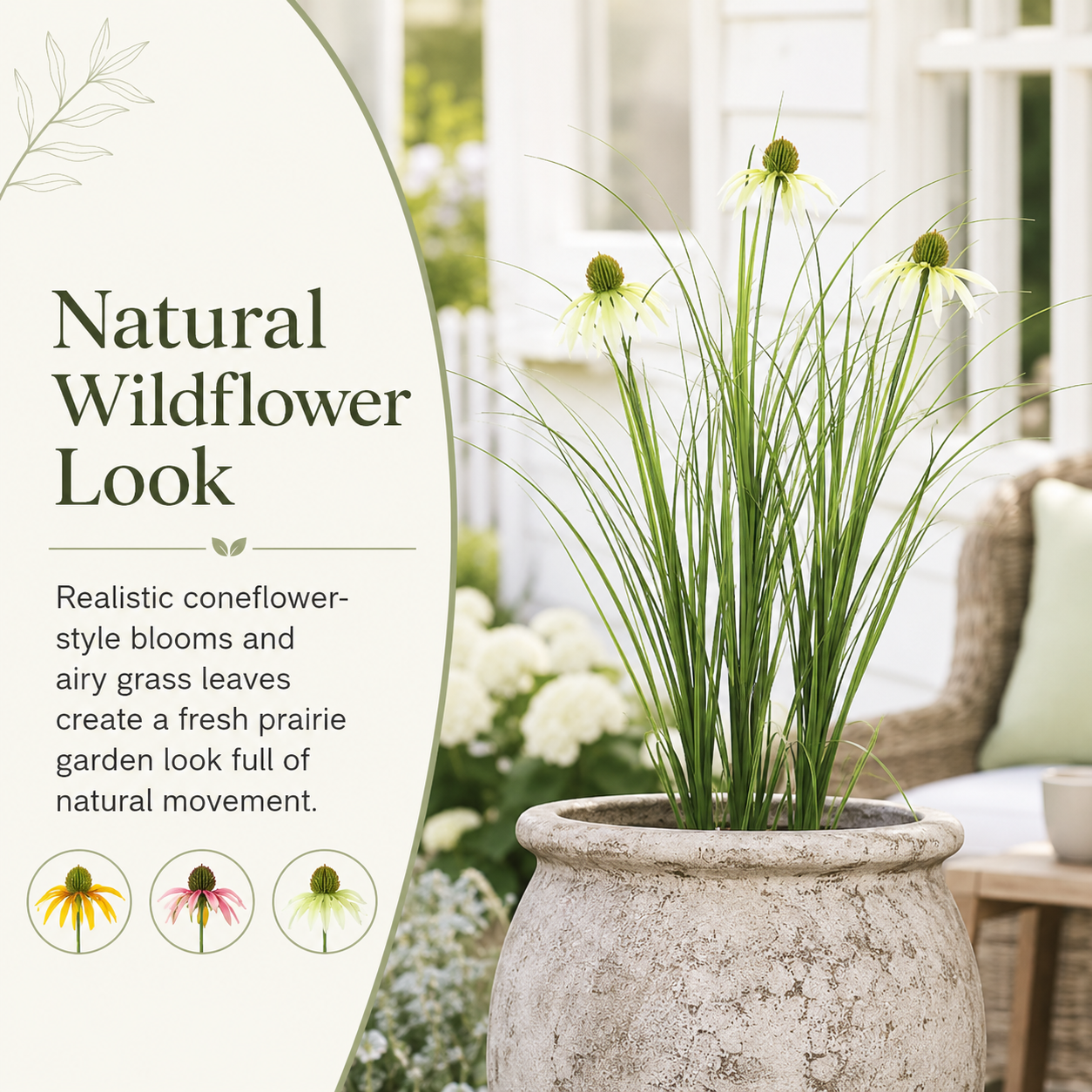 90cm Artificial Coneflower Grass Bush, 3-Head Faux Wildflower Stem