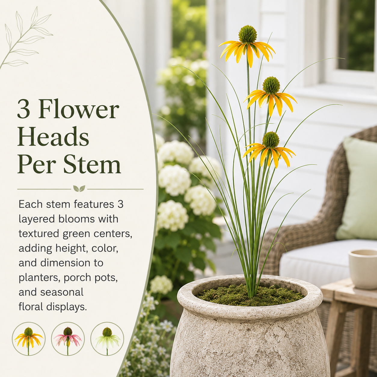 90cm Artificial Coneflower Grass Bush, 3-Head Faux Wildflower Stem