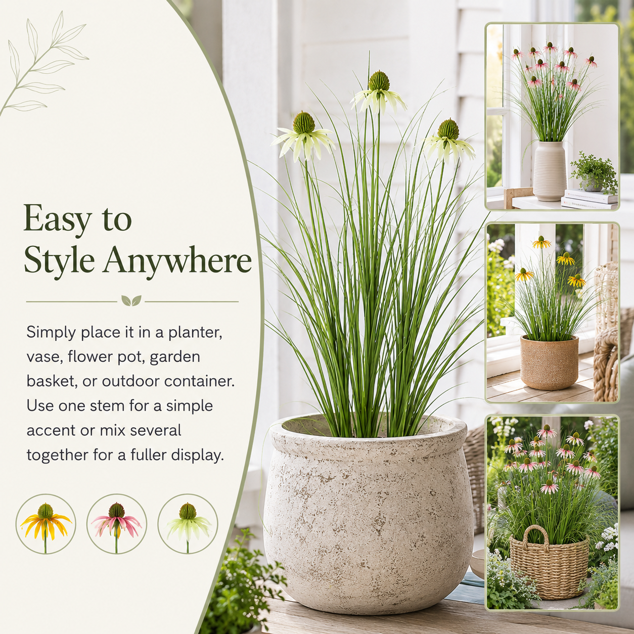 90cm Artificial Coneflower Grass Bush, 3-Head Faux Wildflower Stem