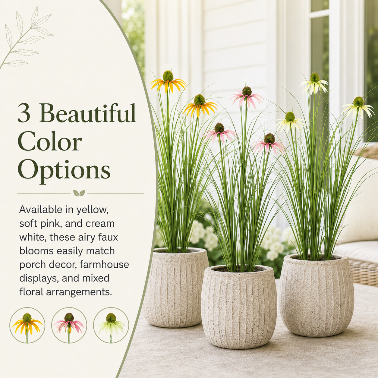 90cm Artificial Coneflower Grass Bush, 3-Head Faux Wildflower Stem