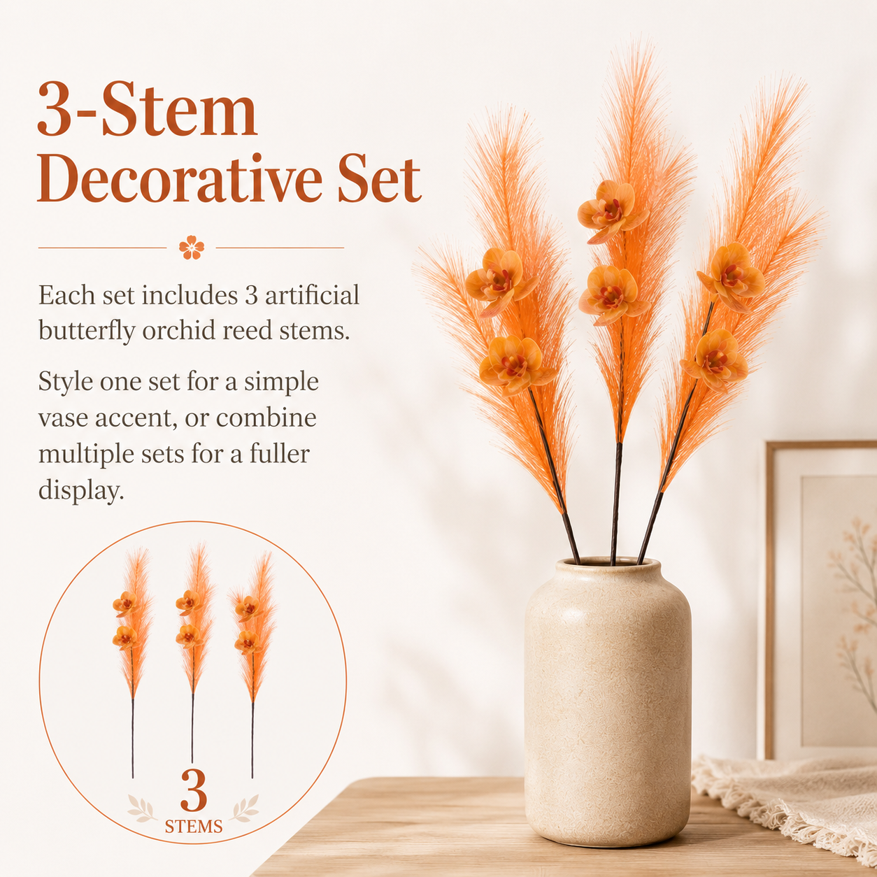72cm Artificial Butterfly Orchid Reed – 3 Stems Set
