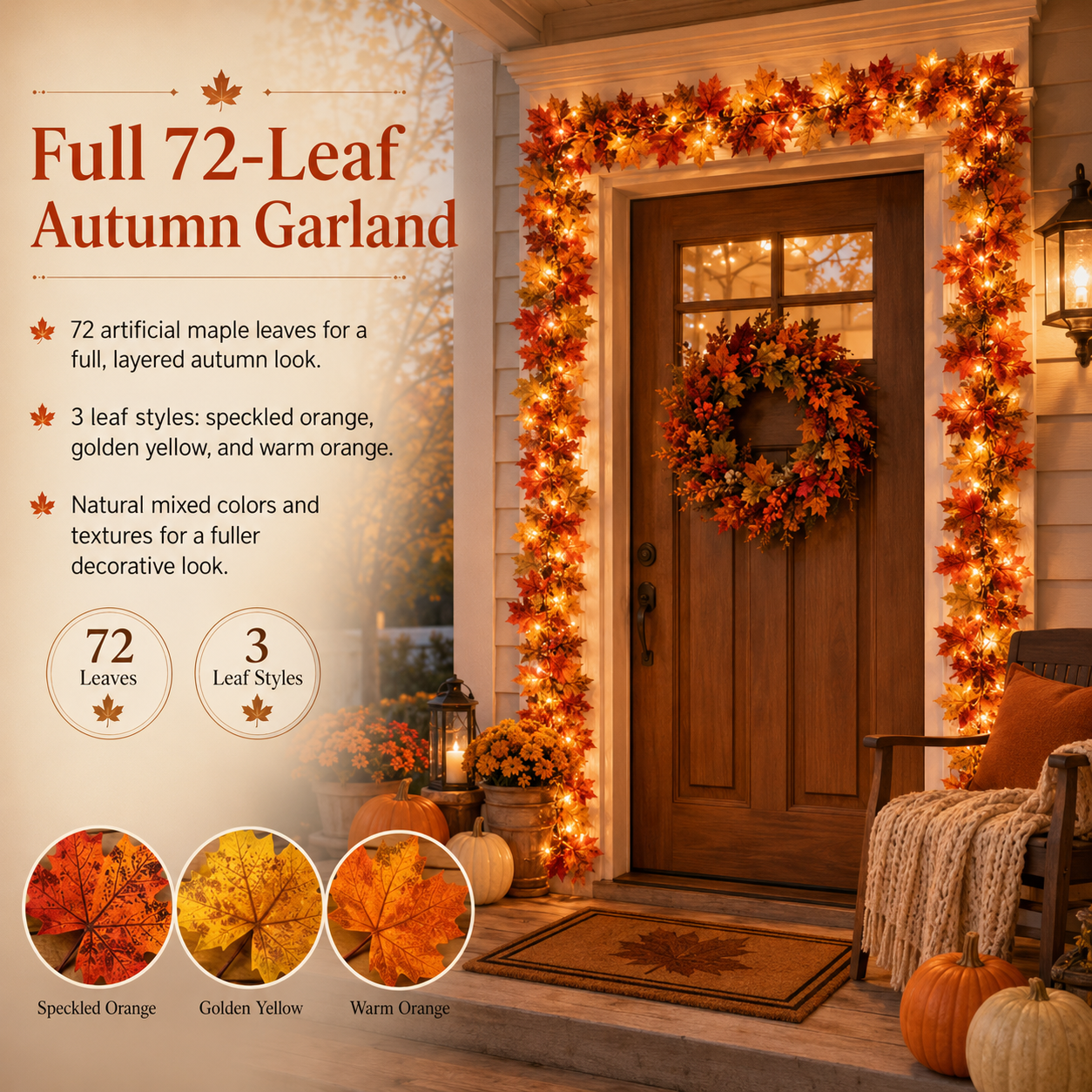 Lighted Fall Maple Leaf Garland with Remote Control