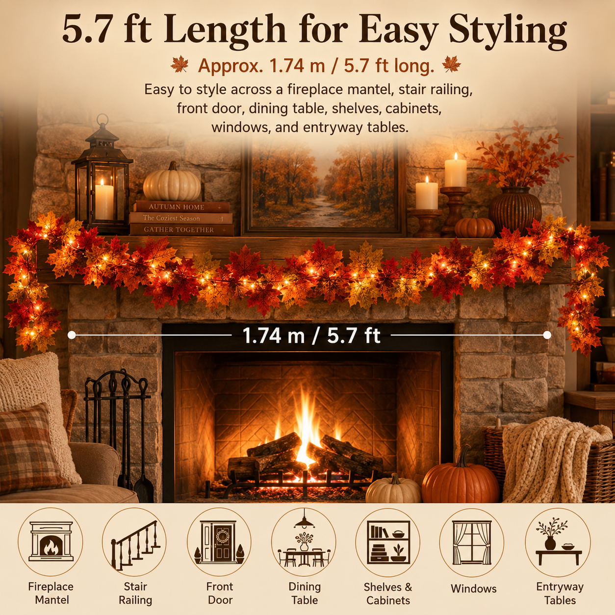 Lighted Fall Maple Leaf Garland with Remote Control