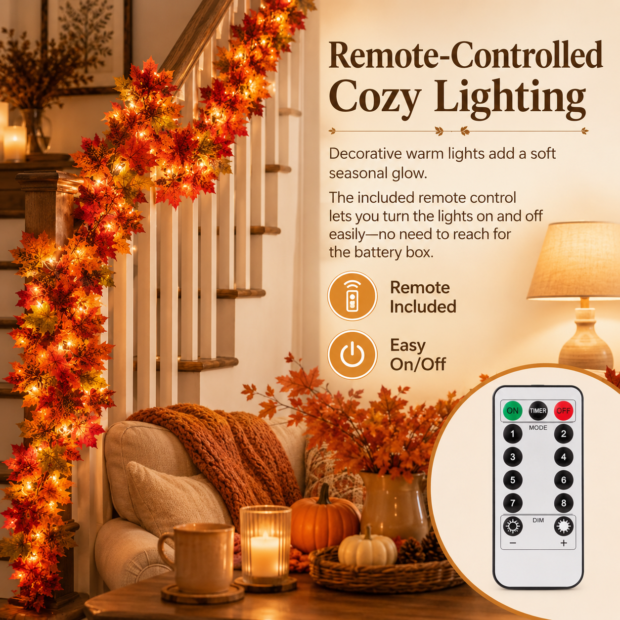 Lighted Fall Maple Leaf Garland with Remote Control