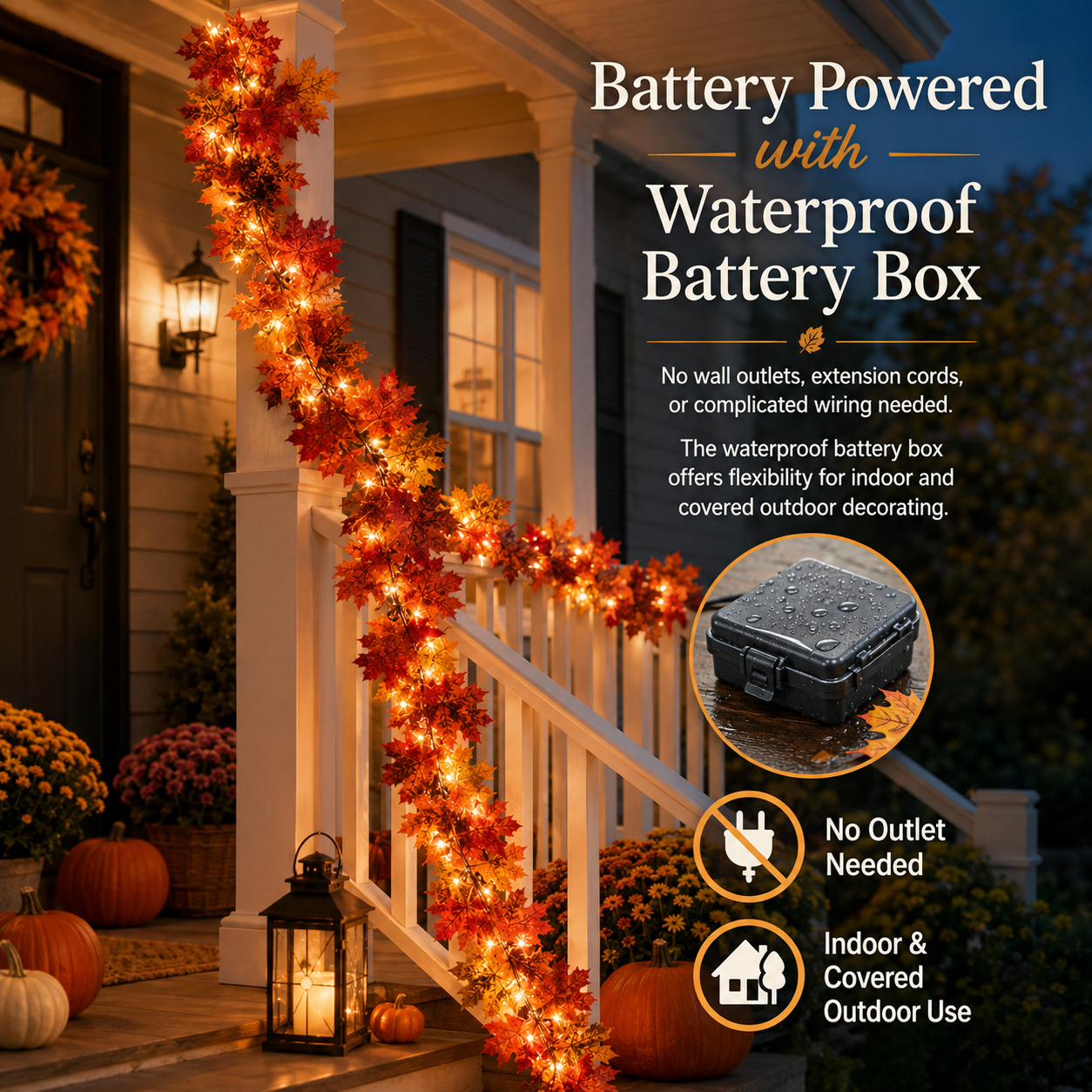 Lighted Fall Maple Leaf Garland with Remote Control