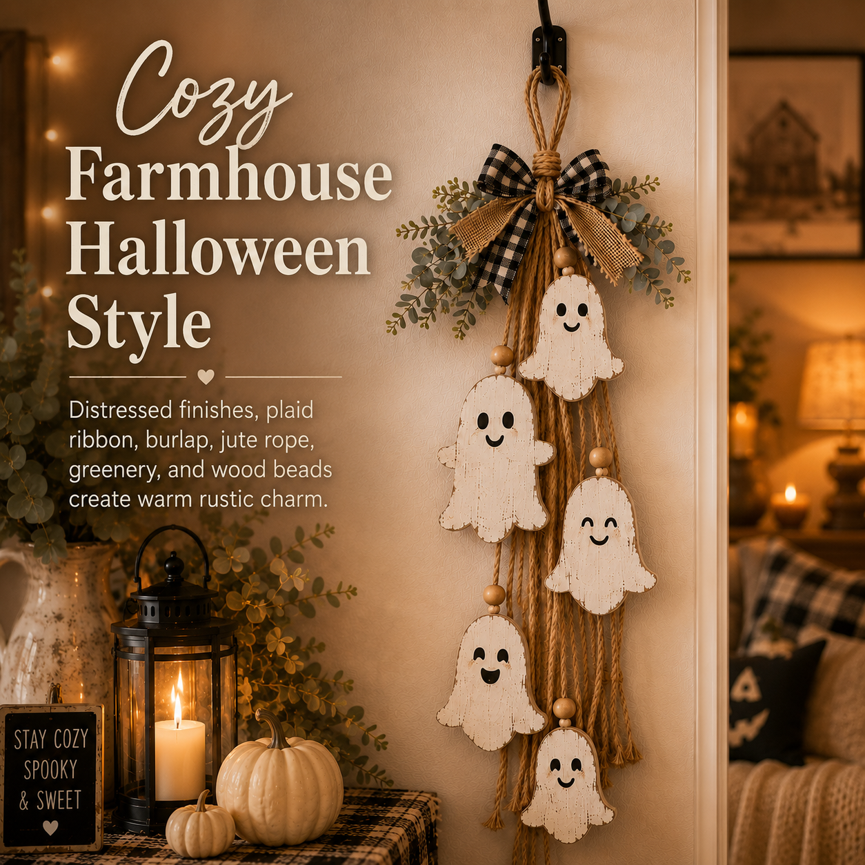 Rustic Ghost Hanging Decor – Farmhouse Halloween Wall & Door Decoration