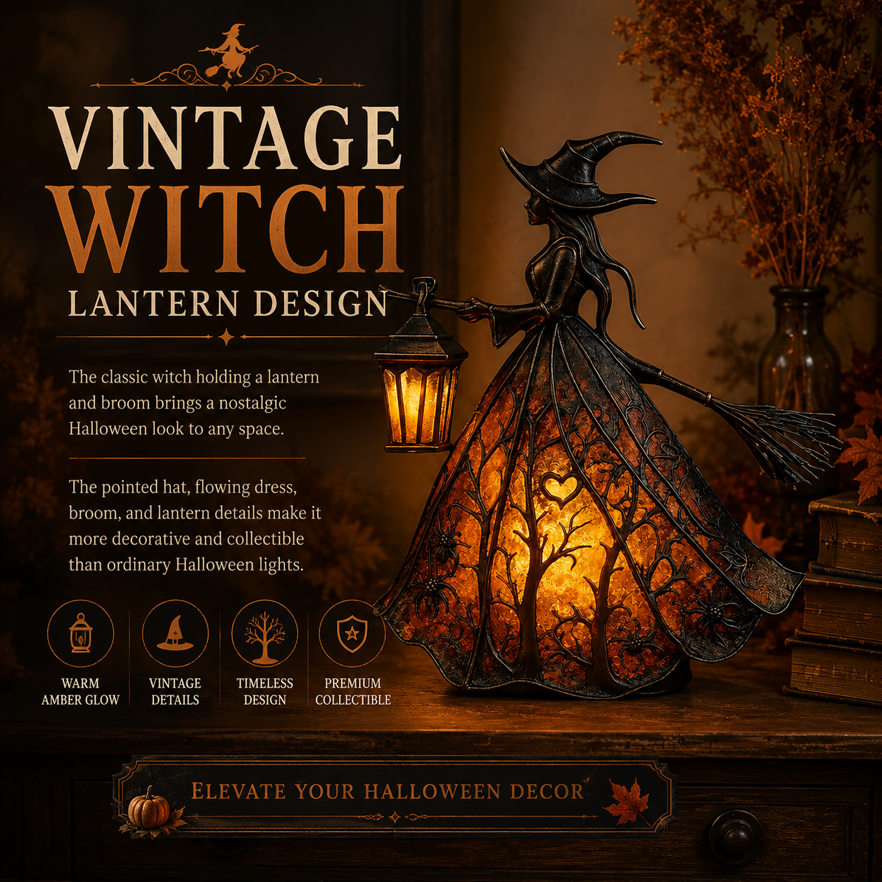 Vintage Lighted Witch Lantern Table Lamp