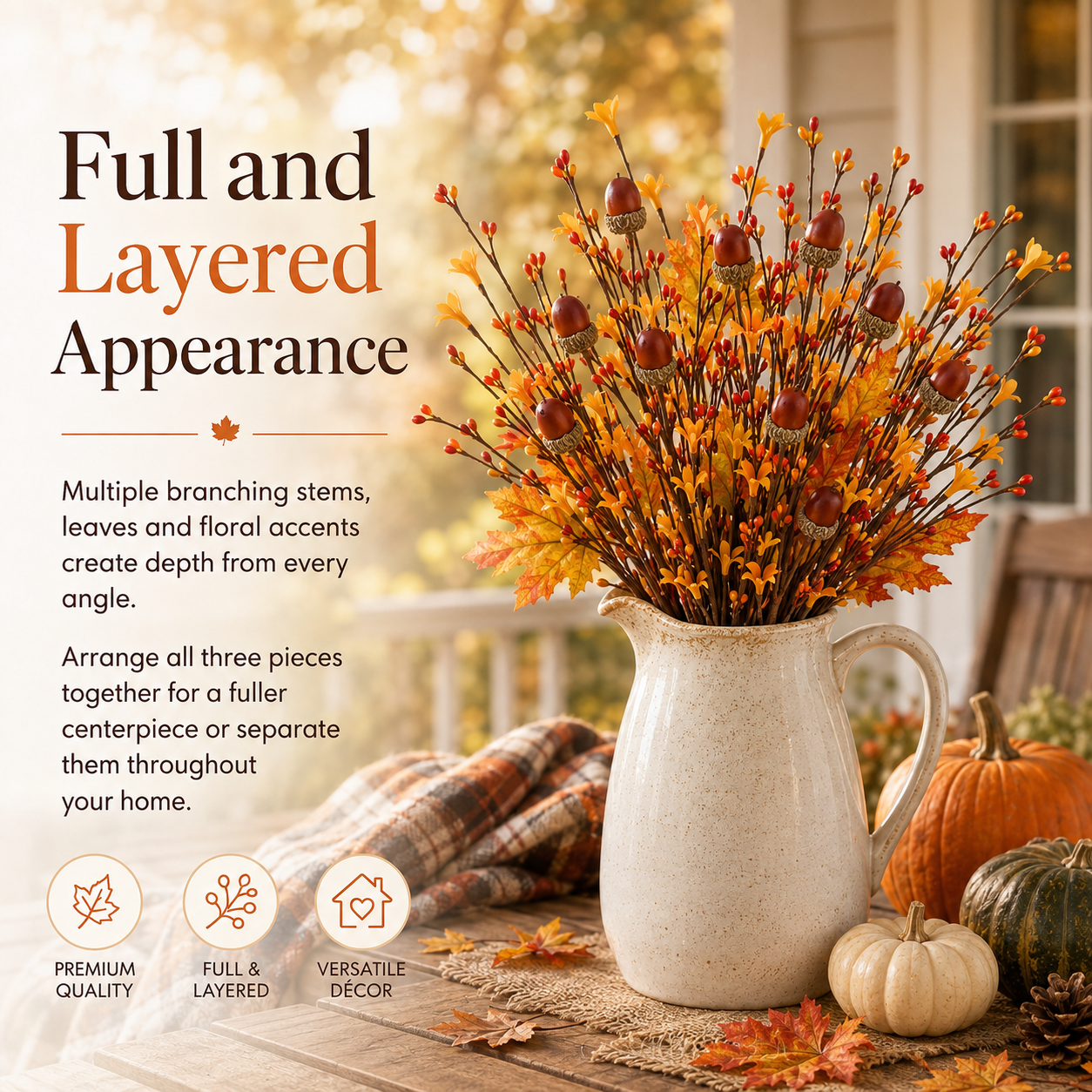 3-Piece Artificial Fall Acorn Floral Stem Set – 16.5-Inch Rustic Autumn Picks