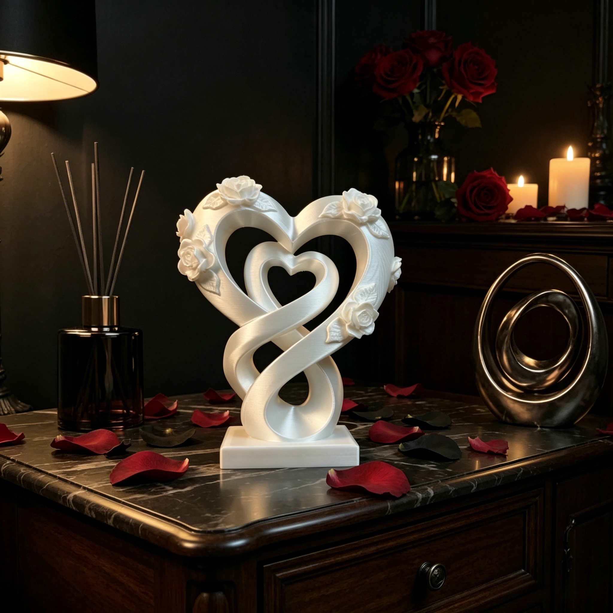 Eternal Love Double Heart Sculpture with Roses – Romantic Home Decor Accent
