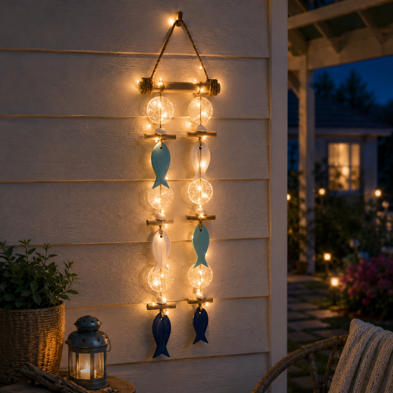 Coastal Fish & Shell Wind Chime Wall Decor with Removable Warm Lights