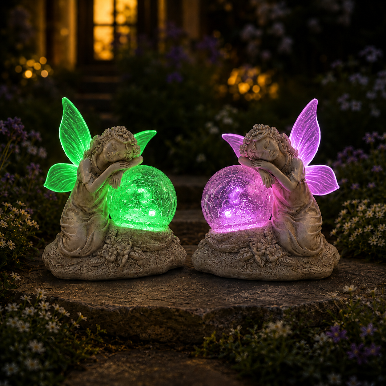 Solar-powered color-changing fairy statue