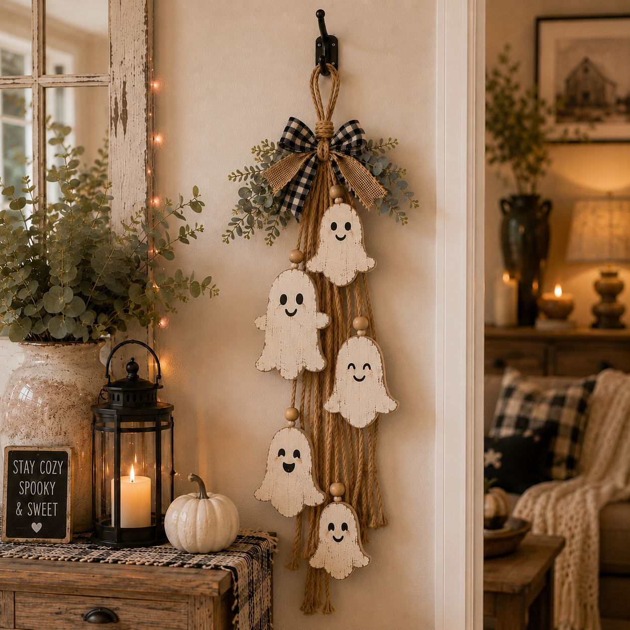 Rustic Ghost Hanging Decor – Farmhouse Halloween Wall & Door Decoration