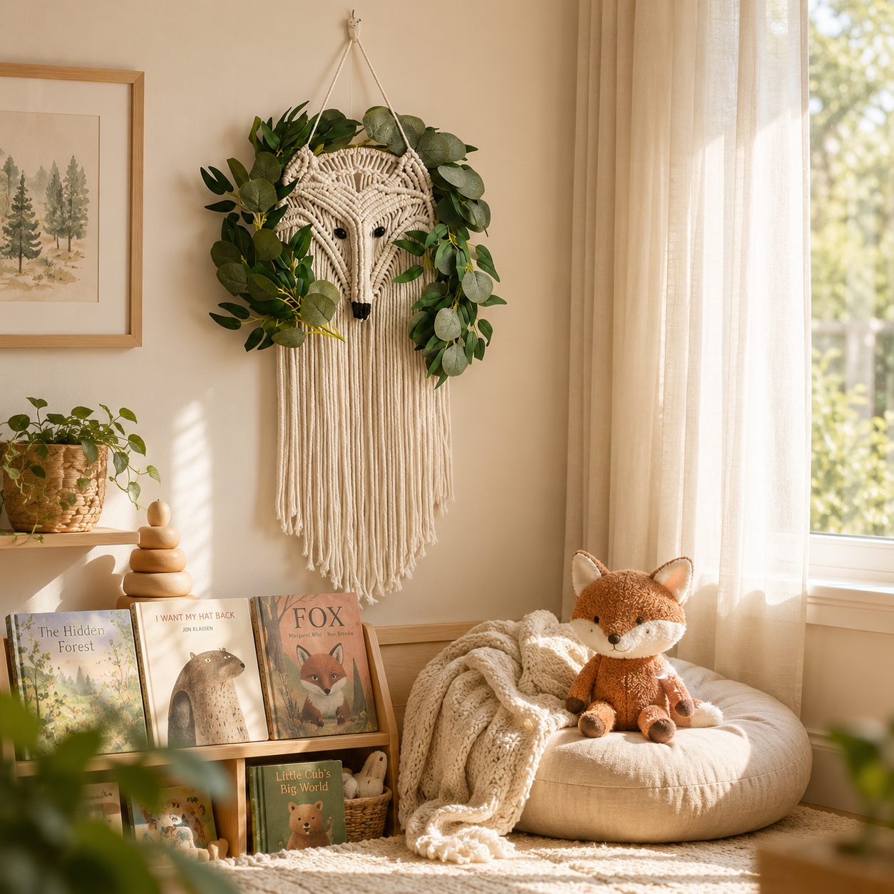 Woodland Fox Macramé Wall Hanging with Greenery