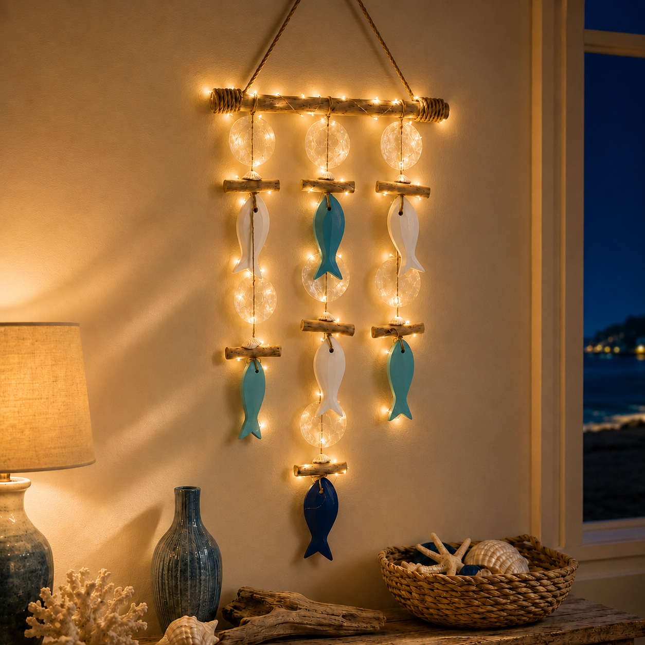 Coastal Fish & Shell Wind Chime Wall Decor with Removable Warm Lights