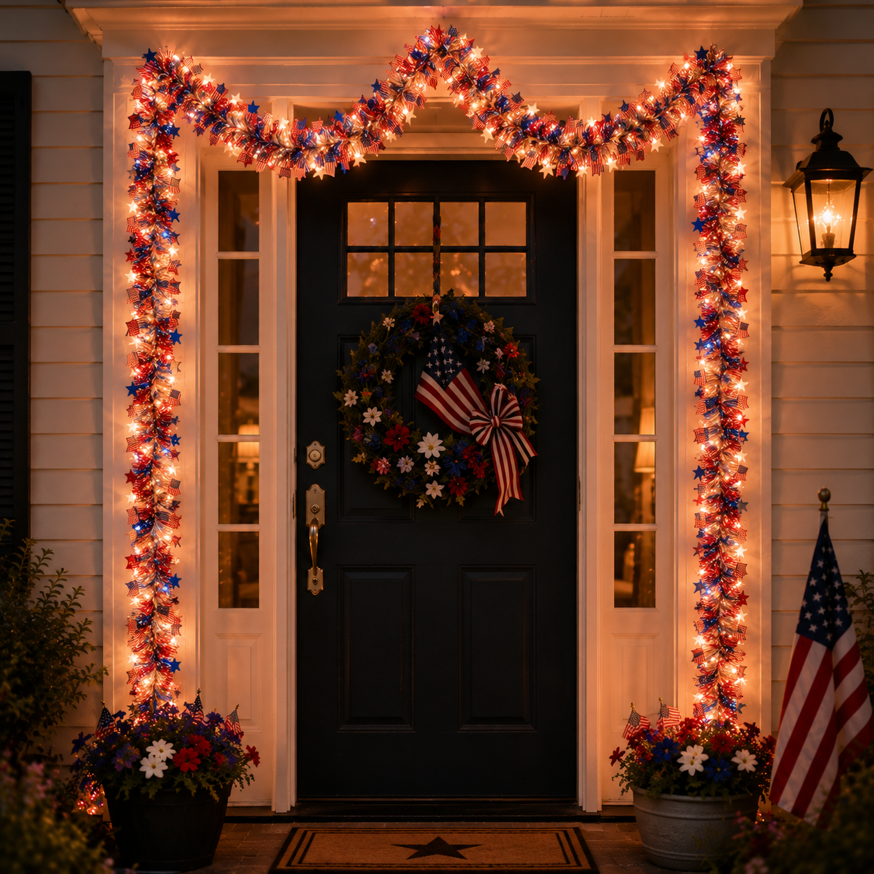 Lighted Patriotic Star & American Flag Garland with Remote Control