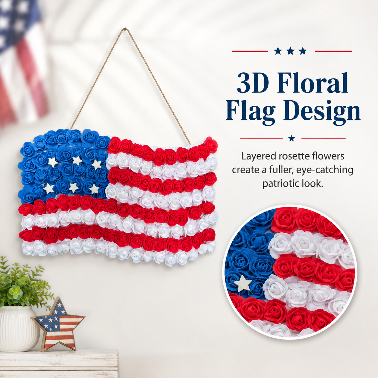 3D Floral American Flag Hanging Decor for July 4th & America 250