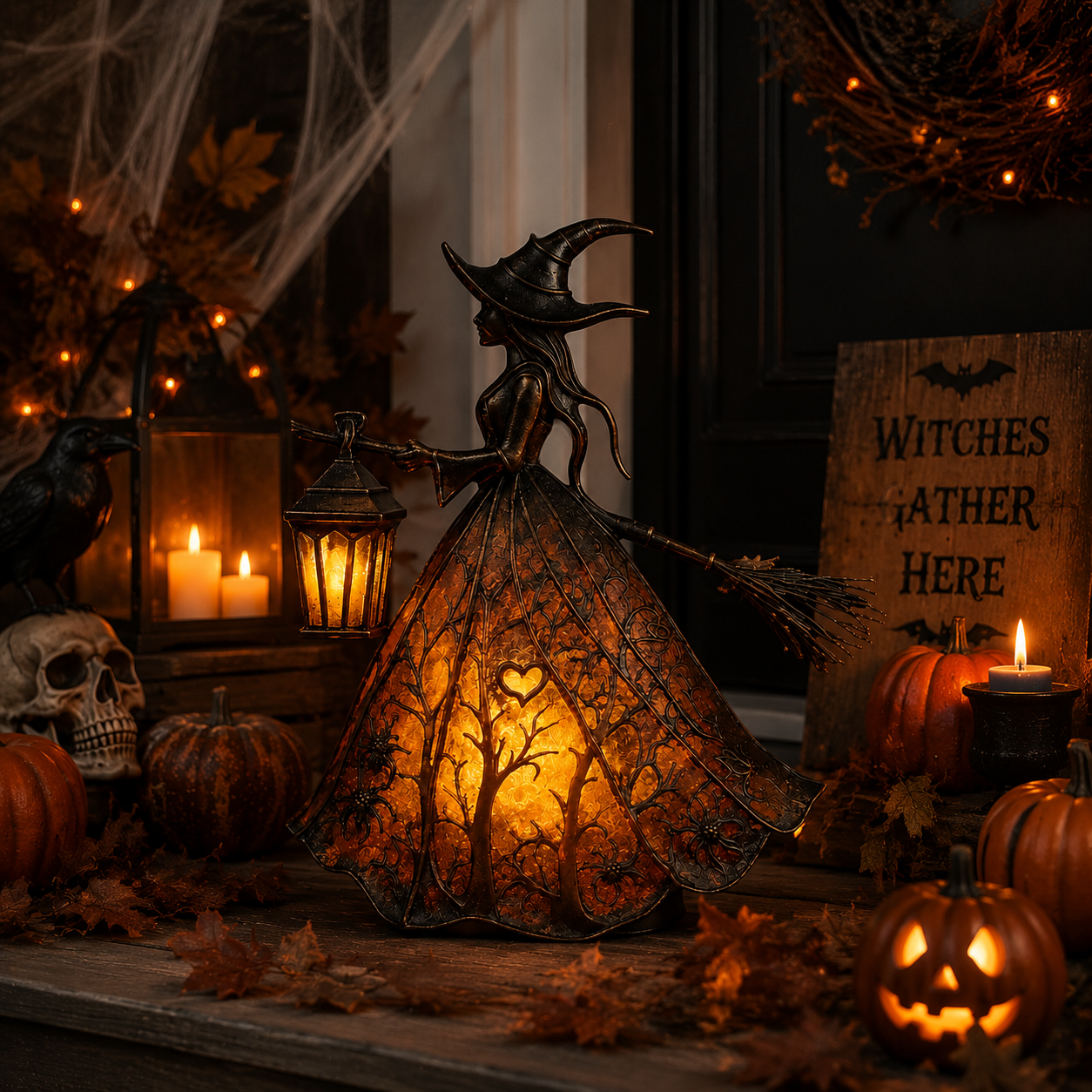 Vintage Lighted Witch Lantern Table Lamp