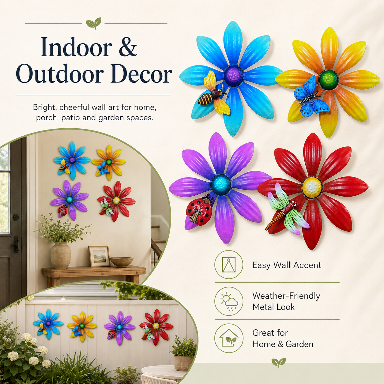 4-Piece Metal Flower Wall Decor Set – Colorful Garden Wall Art with Bee, Butterfly & Dragonfly Accents