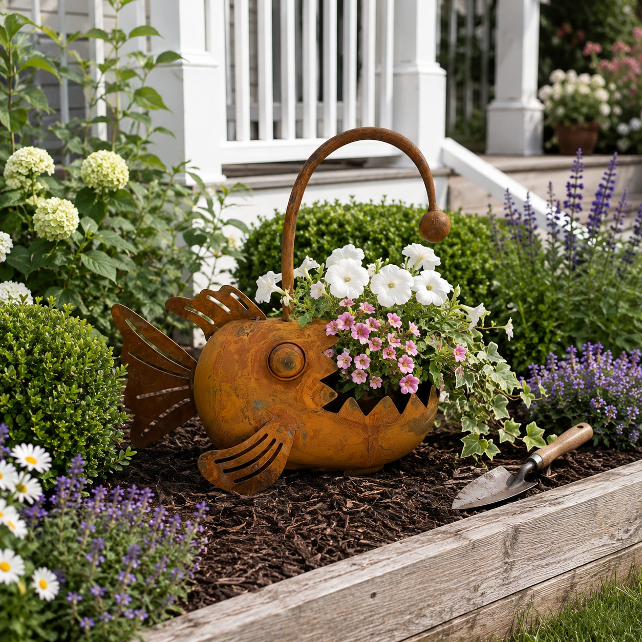 Vintage Metal Anglerfish Planter – Rustic Big Mouth Fish Flower Pot