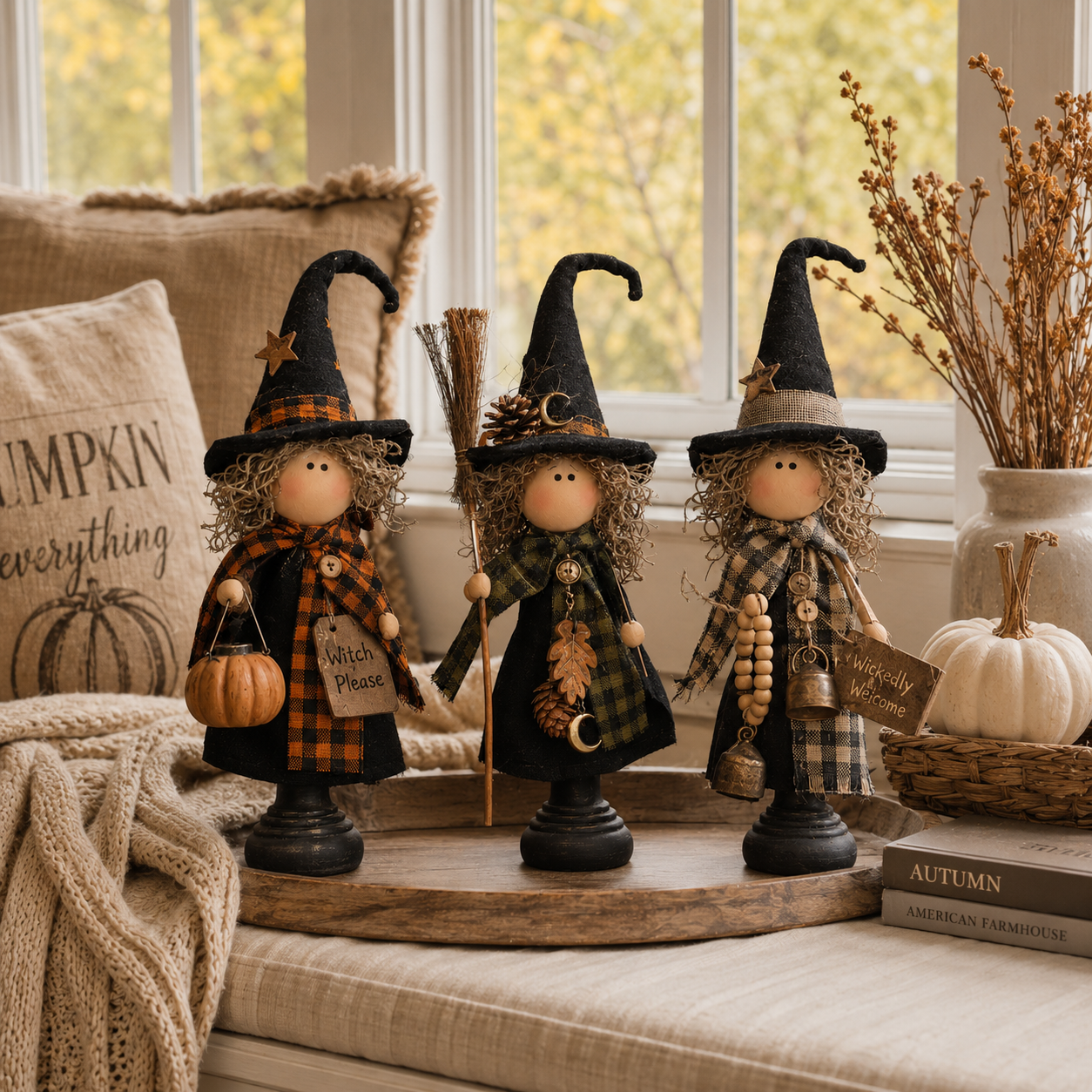Vintage Primitive Witch Trio – Rustic Halloween Tabletop Decor