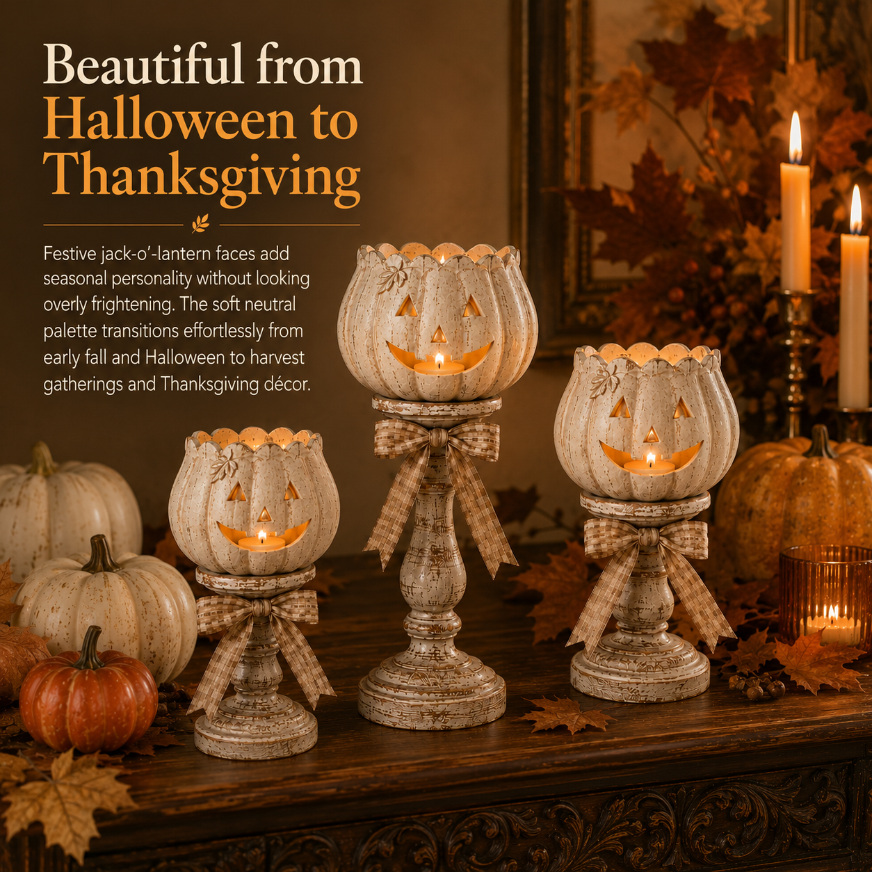Harvest Glow White Pumpkin Tealight Holders – Set of 3