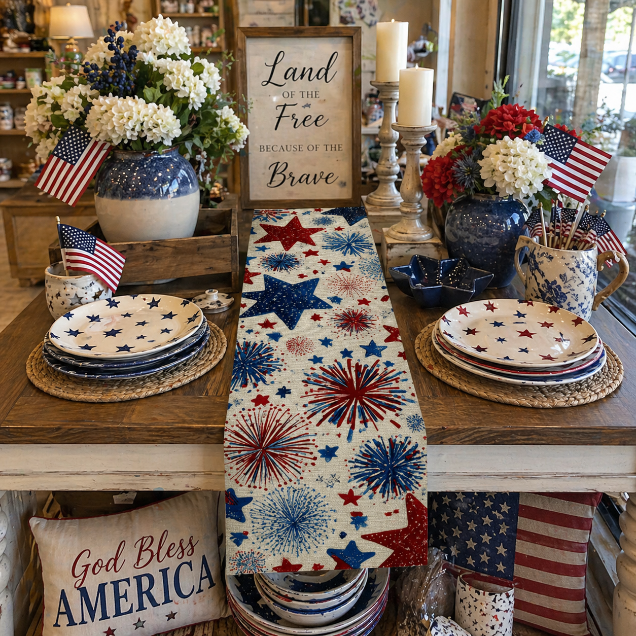 Patriotic Fireworks Table Runner – 4th of July Independence Day Table Decor