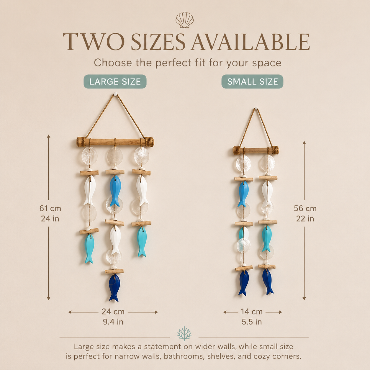 Coastal Fish & Shell Wind Chime Wall Decor with Removable Warm Lights