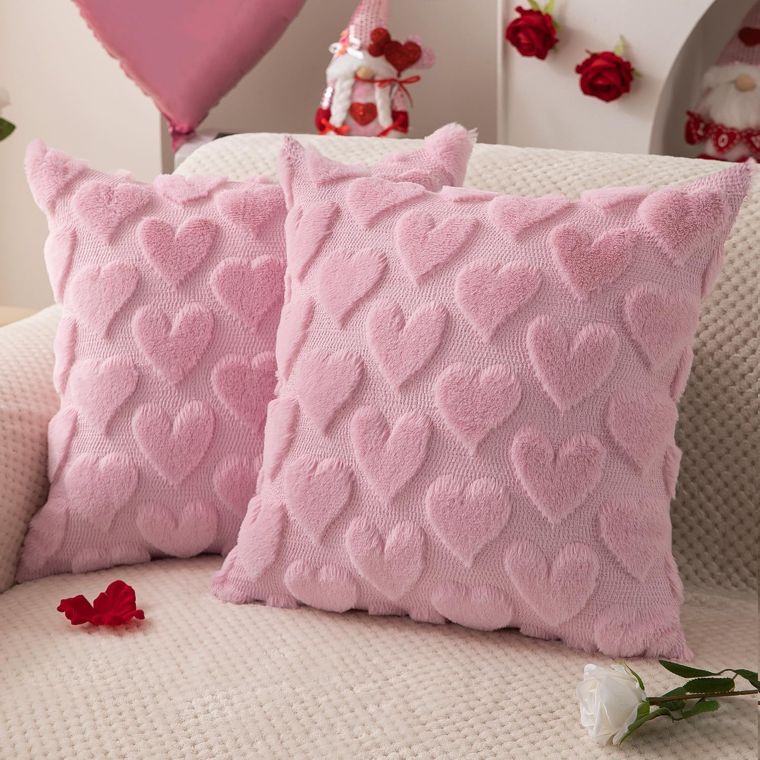 Valentine’s Day Plush Heart Jacquard Pillow Covers (18 x 18 Inch)