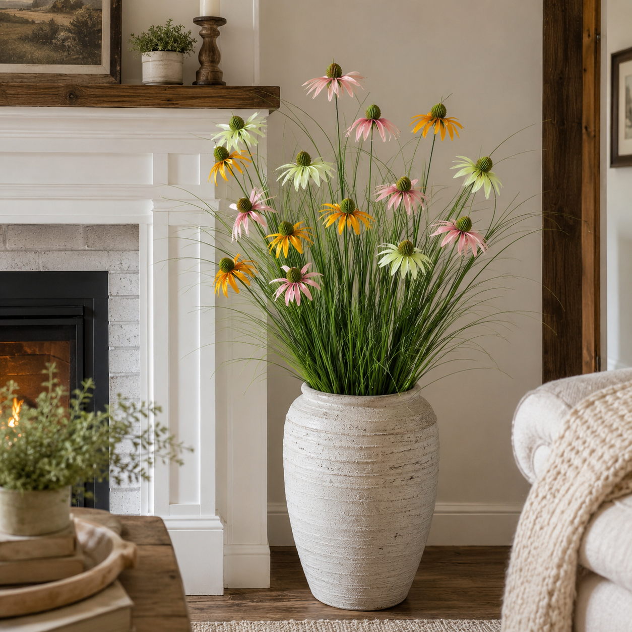 90cm Artificial Coneflower Grass Bush, 3-Head Faux Wildflower Stem