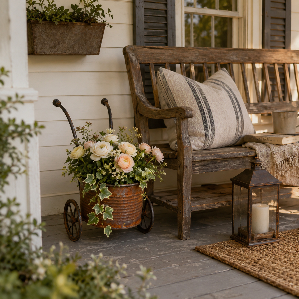 Rustic Metal Wheelbarrow Planter, Vintage Garden Cart Flower Pot