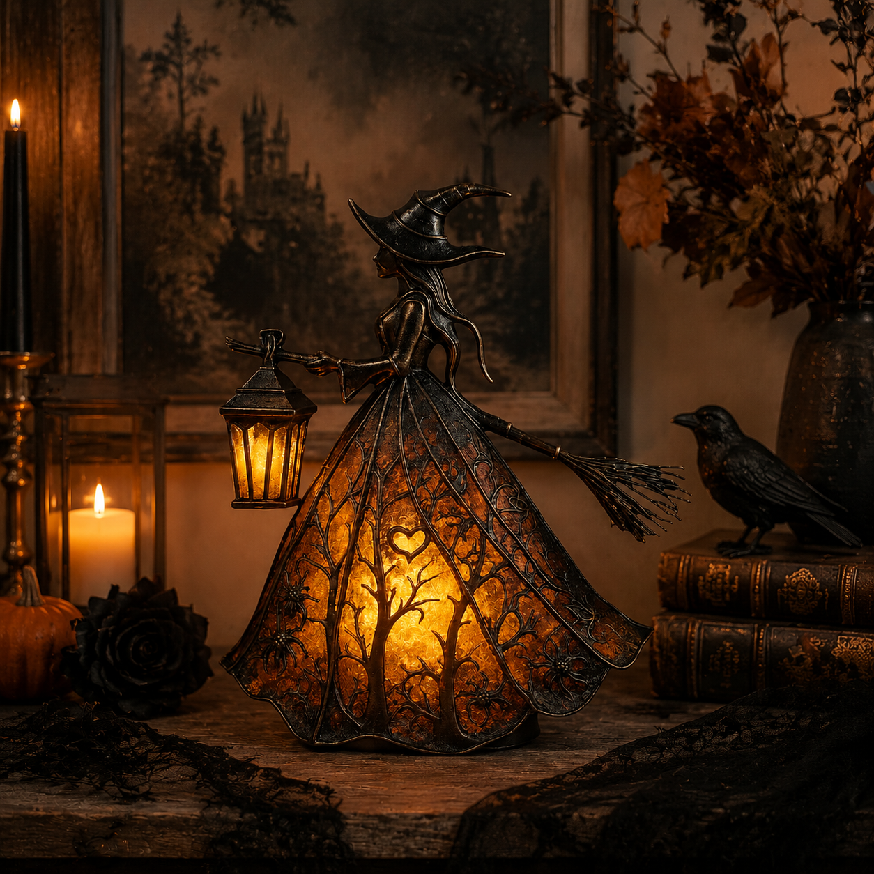Vintage Lighted Witch Lantern Table Lamp