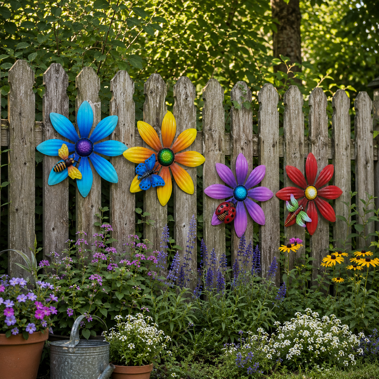 4-Piece Metal Flower Wall Decor Set – Colorful Garden Wall Art with Bee, Butterfly & Dragonfly Accents