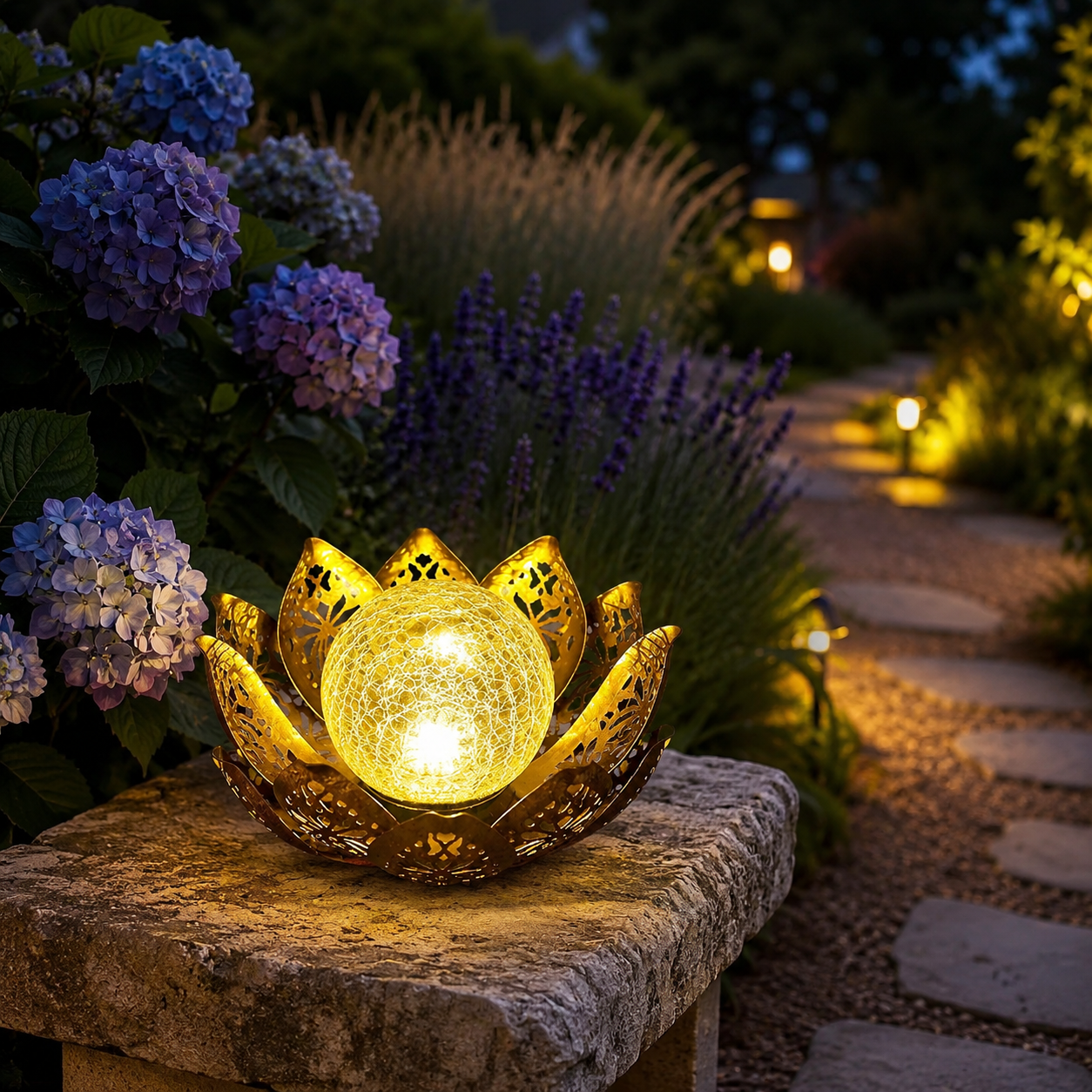 Solar Lotus Garden Light with Crackle Glass Globe