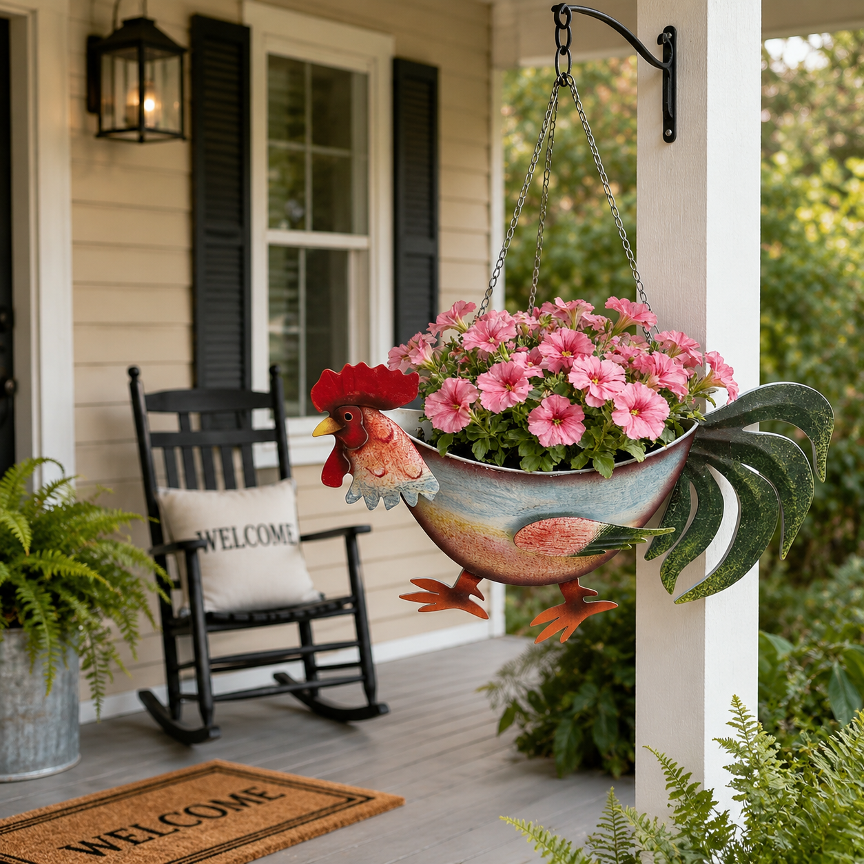 Rustic Rooster Hanging Planter, Farmhouse Chicken Flower Pot
