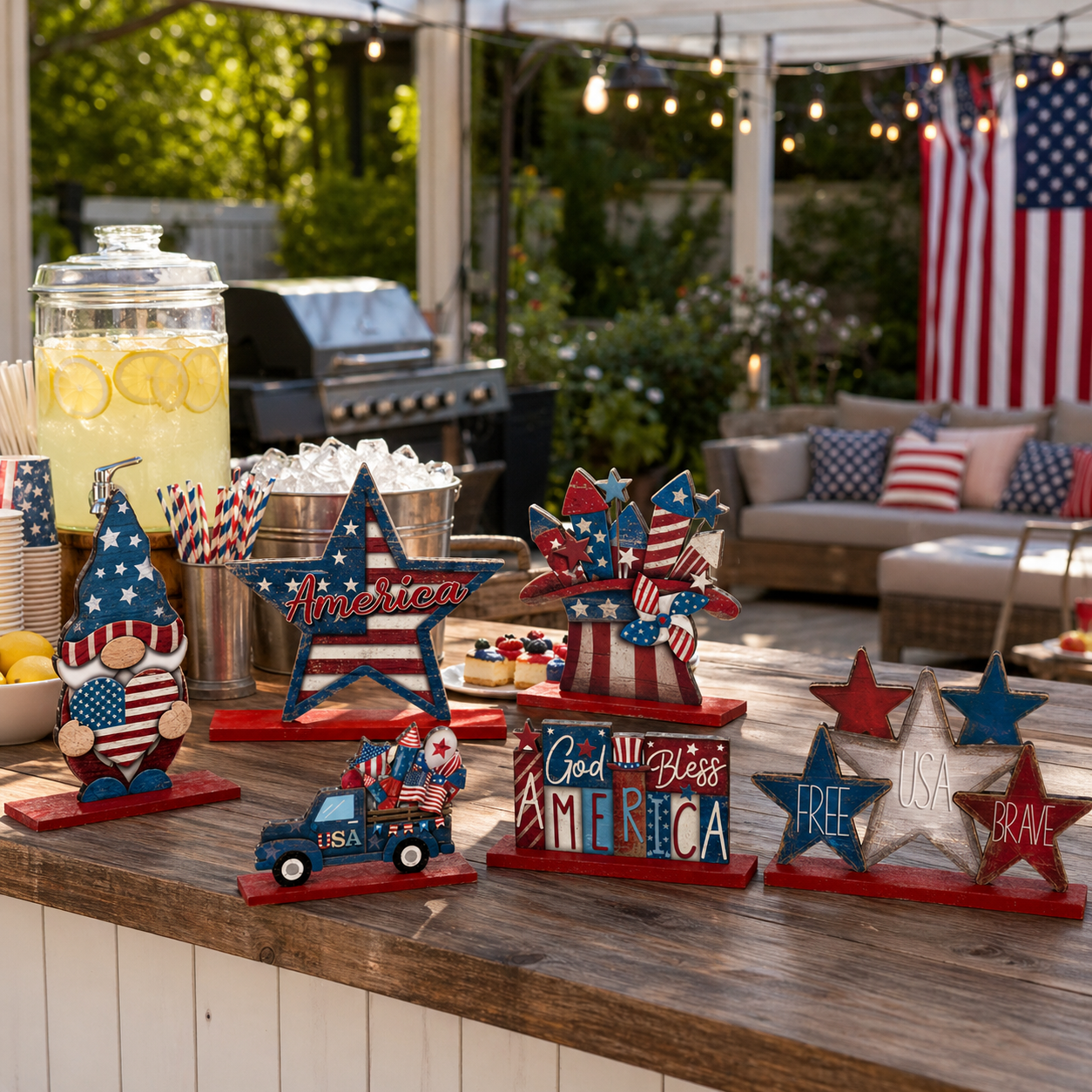Patriotic Wooden Tabletop Decor Set – 4th of July Red White Blue Shelf Sitter Decorations