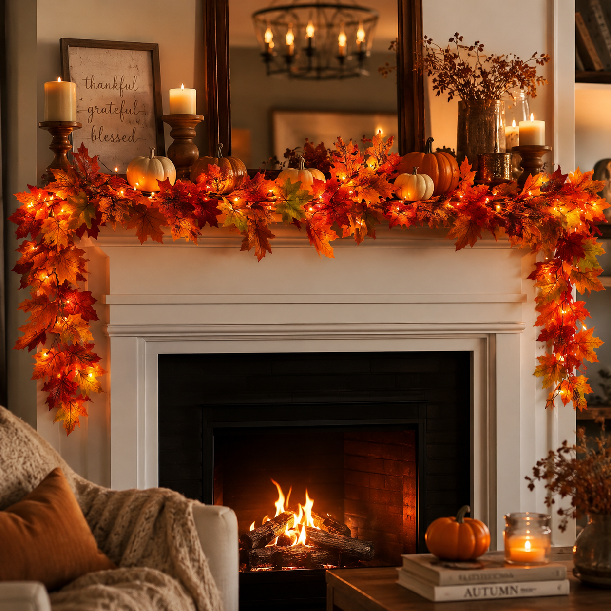 Lighted Fall Maple Leaf Garland with Remote Control