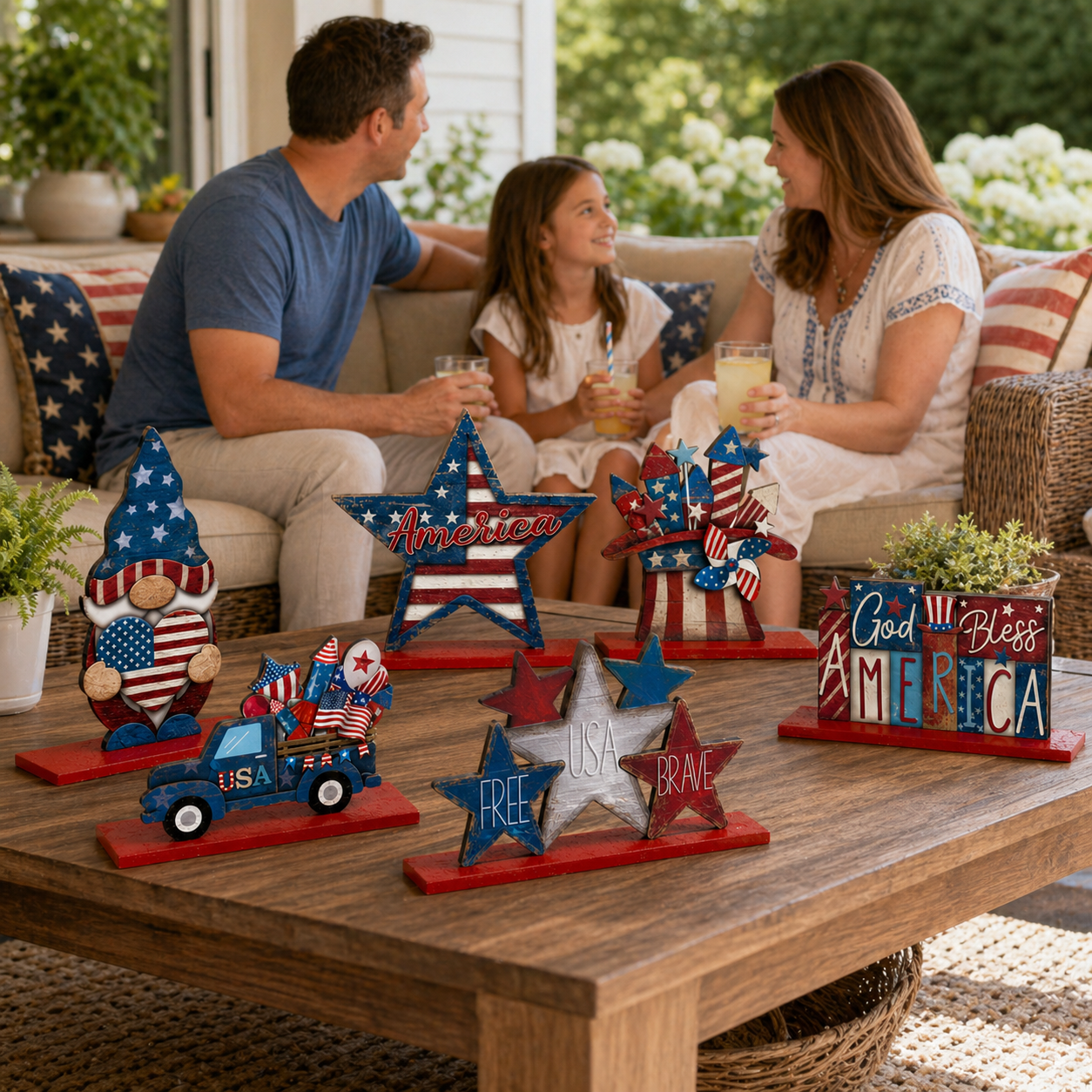 Patriotic Wooden Tabletop Decor Set – 4th of July Red White Blue Shelf Sitter Decorations