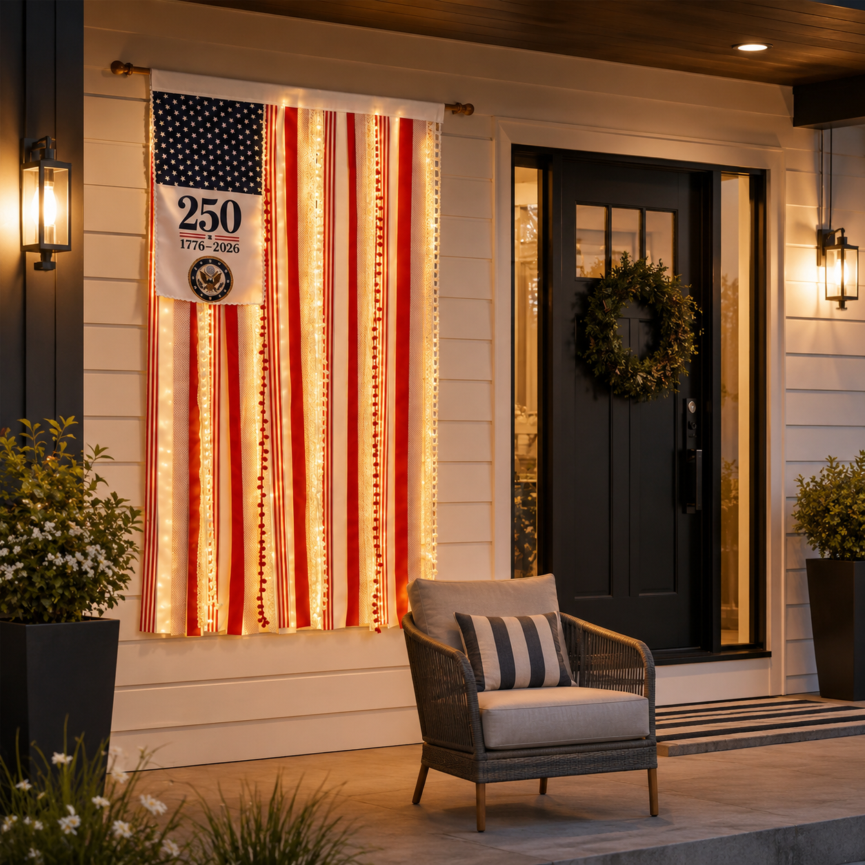 America 250 Patriotic Hanging Banner with Remote-Controlled LED String Lights