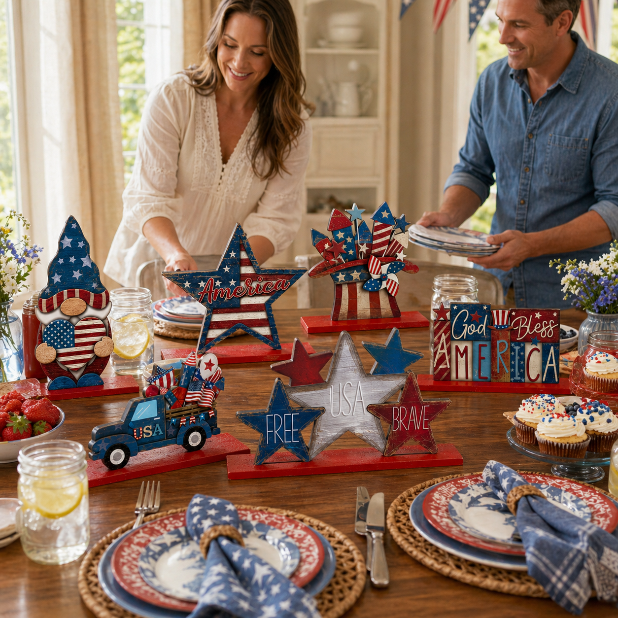 Patriotic Wooden Tabletop Decor Set – 4th of July Red White Blue Shelf Sitter Decorations