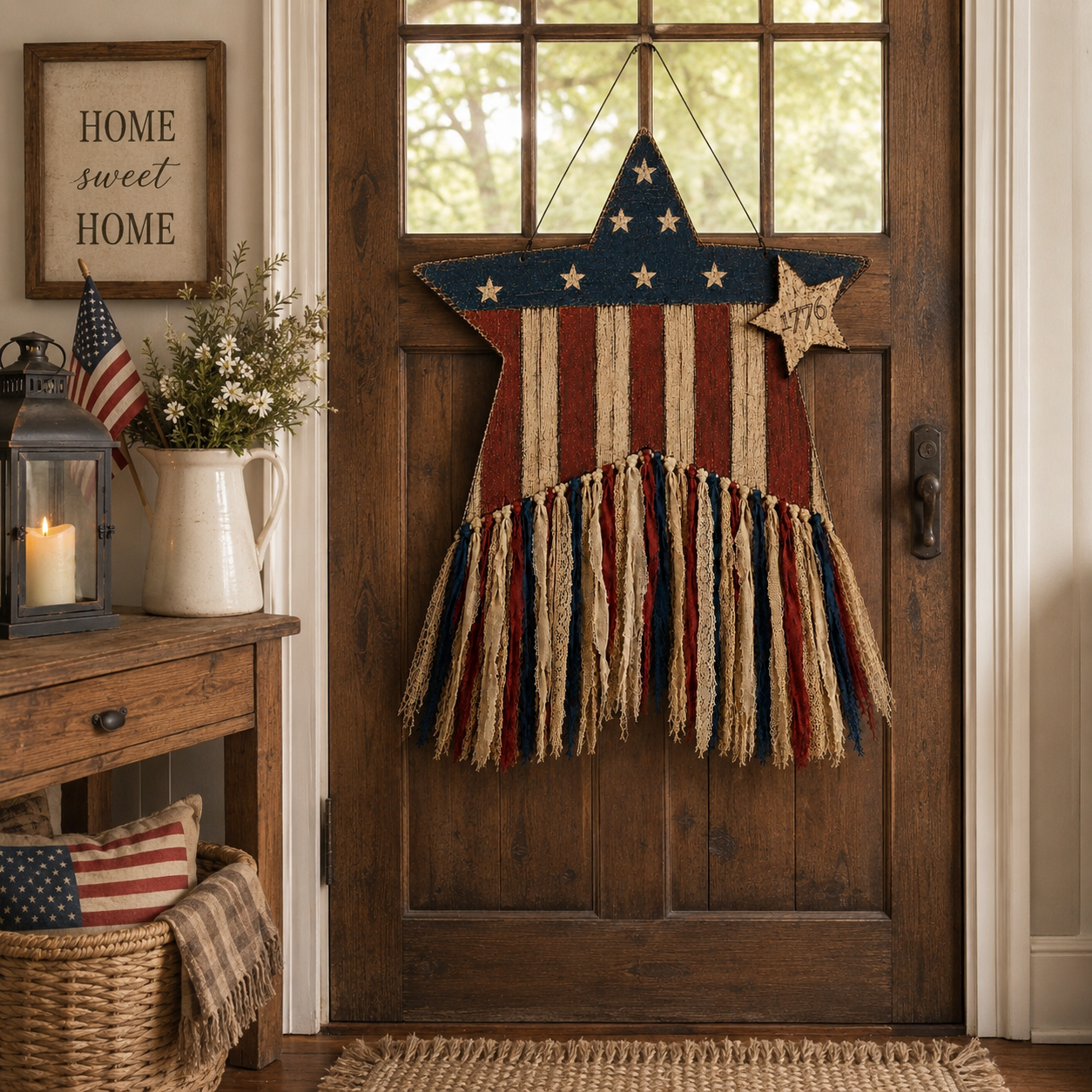 Remote-Controlled Lighted Patriotic Star Door Hanger with Fabric Tassels