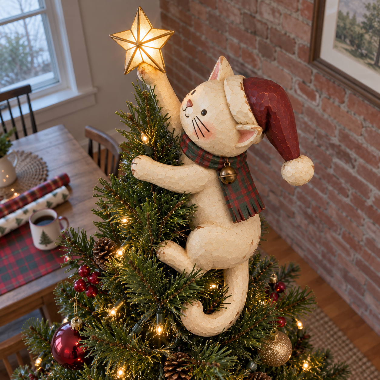 Vintage ivory cat Christmas tree topper holding a glowing star on a decorated indoor tree