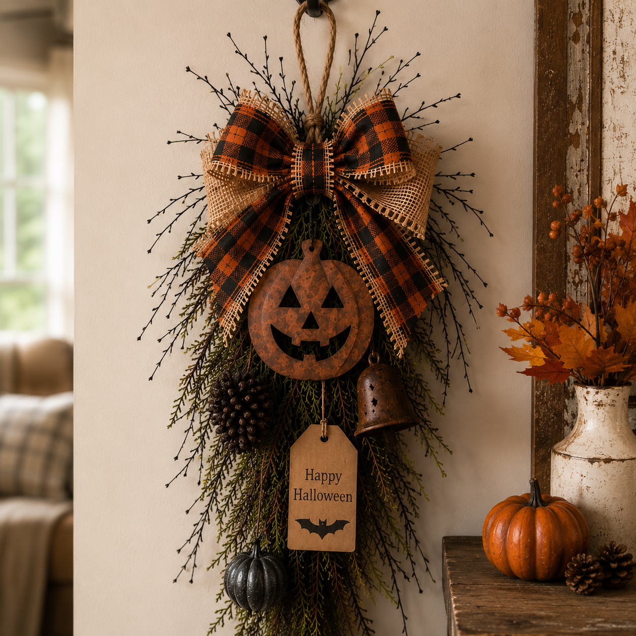 Rustic Halloween Pumpkin Door Swag – Plaid Bow & Bell Hanging Décor