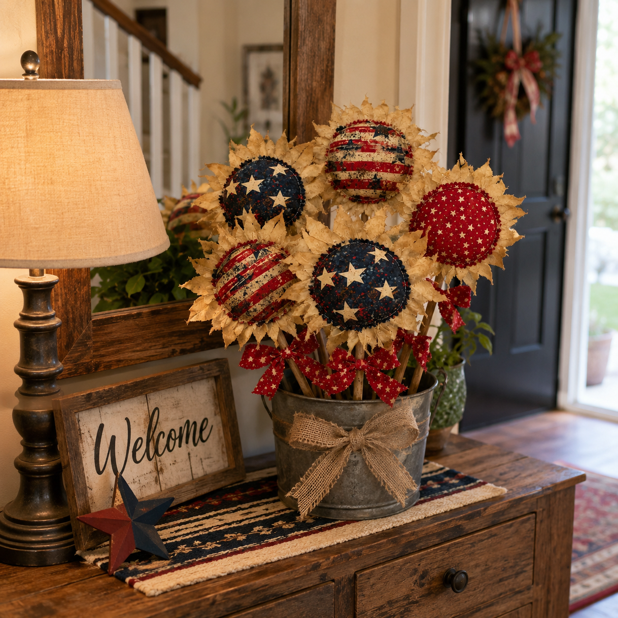 Primitive Americana Flower Picks Set of 3 – Rustic Patriotic Fabric Sunflower Decor