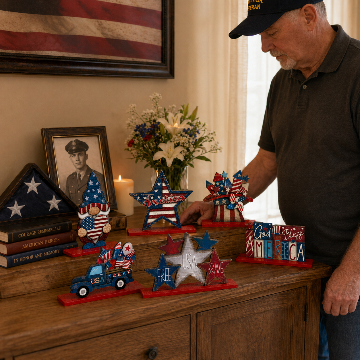 Patriotic Wooden Tabletop Decor Set – 4th of July Red White Blue Shelf Sitter Decorations