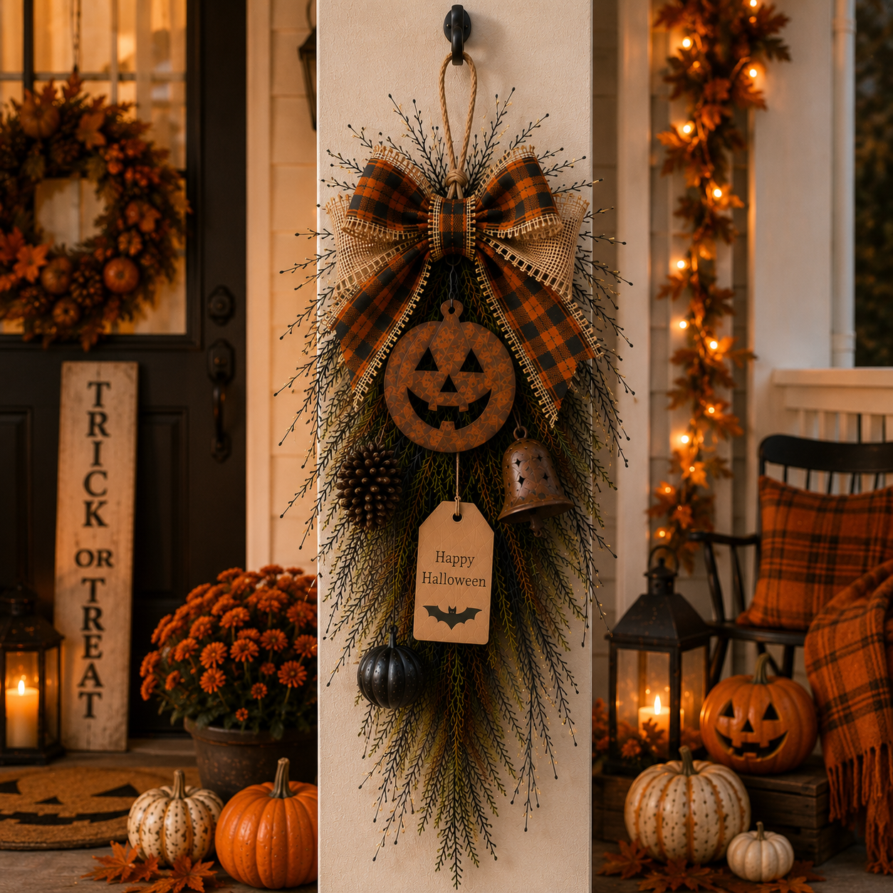 Rustic Halloween Pumpkin Door Swag – Plaid Bow & Bell Hanging Décor